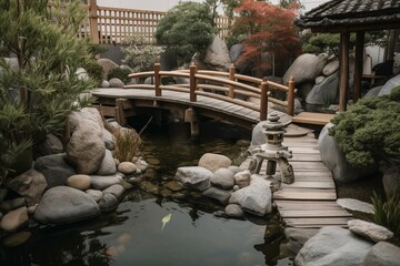 A Japanese-inspired garden with a koi pond, a wooden bridge, and carefully placed rocks and shrubs. Generative AI