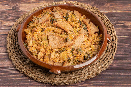 "Sopas mallorquinas", typical food of Mallorcan gastronomy. A traditional dish, cooked in an earthenware casserole, with dry country bread and vegetables. Balearic Islands, Spain.