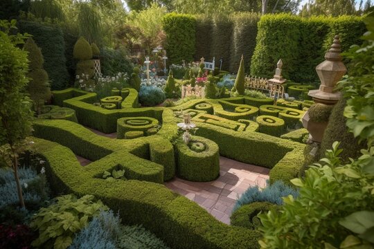A whimsical Alice in Wonderland-inspired garden with oversized teacups, a hedge maze, and topiary animals. Generative AI