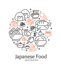 Japan Food Sign Round Design Template Thin Line Icon Banner Card on a White for Restaurant. Vector illustration