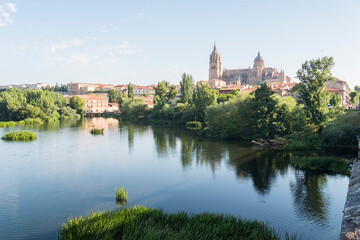 Tormes river and Cathedral of the city of Salamanca in Spain