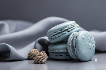 French blue colored macaroons cookie, closeup isolated on blue textile, on white background. AI Generated.
