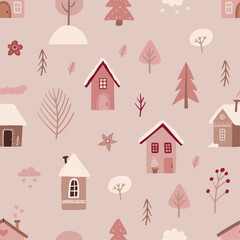 Seamless christmas pattern with pink pastel christmas trees, star, house