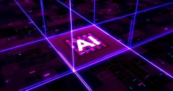 AI Computer Chip. CPU Transmitting Glowing High Speed Data. Computer And Technology Related 4K 3D CG Animation.