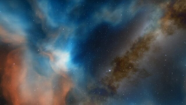 Flying Through The Stars And Blue Nebula In Space. Galaxy exploration through outer space towards glowing milky way galaxy
