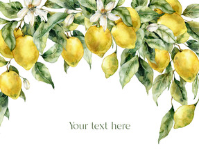 Watercolor tropical card of ripe lemons, flowers and leaves. Hand painted border of fresh yellow fruits isolated on white background. Tasty food illustration for design, print, fabric or background.