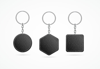 Realistic Detailed 3d Leather Keychain Set. Vector illustration of Metallic Steel Holder Trinket for Key with Metal Ring