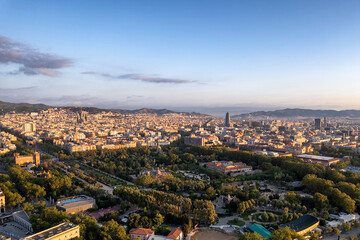 Aerial view of Parque de la Ciutatdella and Barcelona, Spain with Basilica Sagrada Familia in background