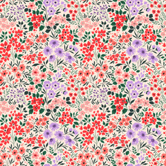 Vintage floral background. Floral pattern with small colorful flowers on a ivory background. Seamless pattern for design and fashion prints. Ditsy style. Stock vector illustration.