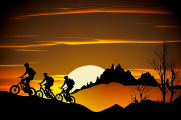 Plakat Silhouettes of Athletes Mountain Biking on a Trail with Mountain Range in the Background. AI Generated