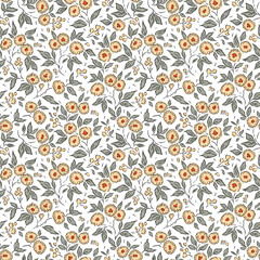 Vintage floral background. Floral pattern with small yellow flowers on a white background. Seamless pattern for design and fashion prints. Ditsy style. Stock vector illustration.