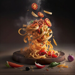 Levitating pasta tomatoes and basil, food ilustration