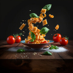 Levitating pasta tomatoes and basil, food ilustration