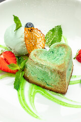 pistachio fondant dessert. banner, menu, recipe place for text, top view