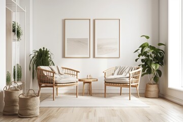 Scandinavian home interior, light room with green plant pots,. Generative AI