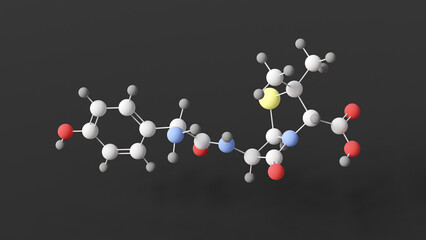 amoxicillin molecule, molecular structure, aminopenicillins, ball and stick 3d model, structural chemical formula with colored atoms