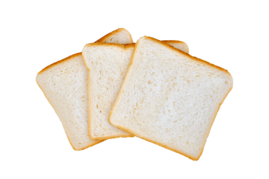 Three pieces of white wheat bread, isolated on a white background