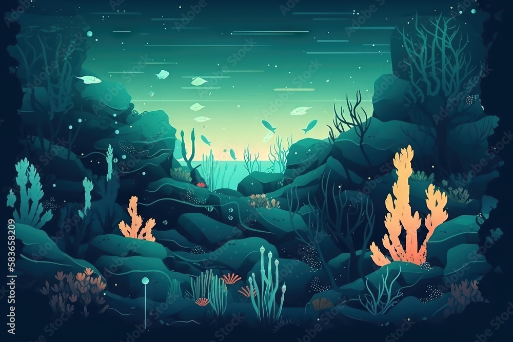 Poster an underwater scene with corals and seaweeds in the foreground and a blue sky in the background with