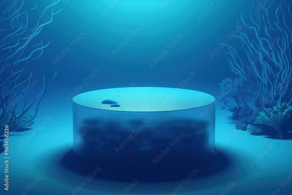 Poster an underwater scene with a cake in the middle of the water and seaweed on the bottom of the cake, wi