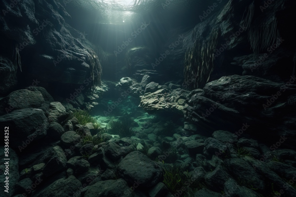 Poster a cave filled with lots of rocks under a bright light at the end of the tunnel is a small pool of wa