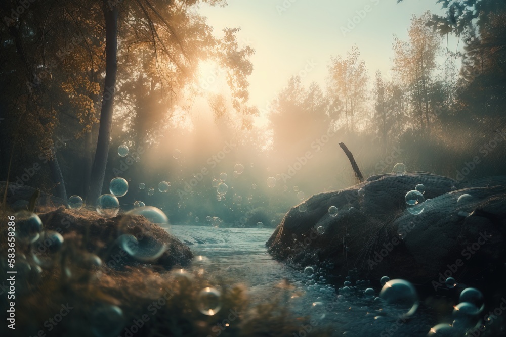 Poster a stream of water surrounded by bubbles in a wooded area with trees in the background and a sunbeam 