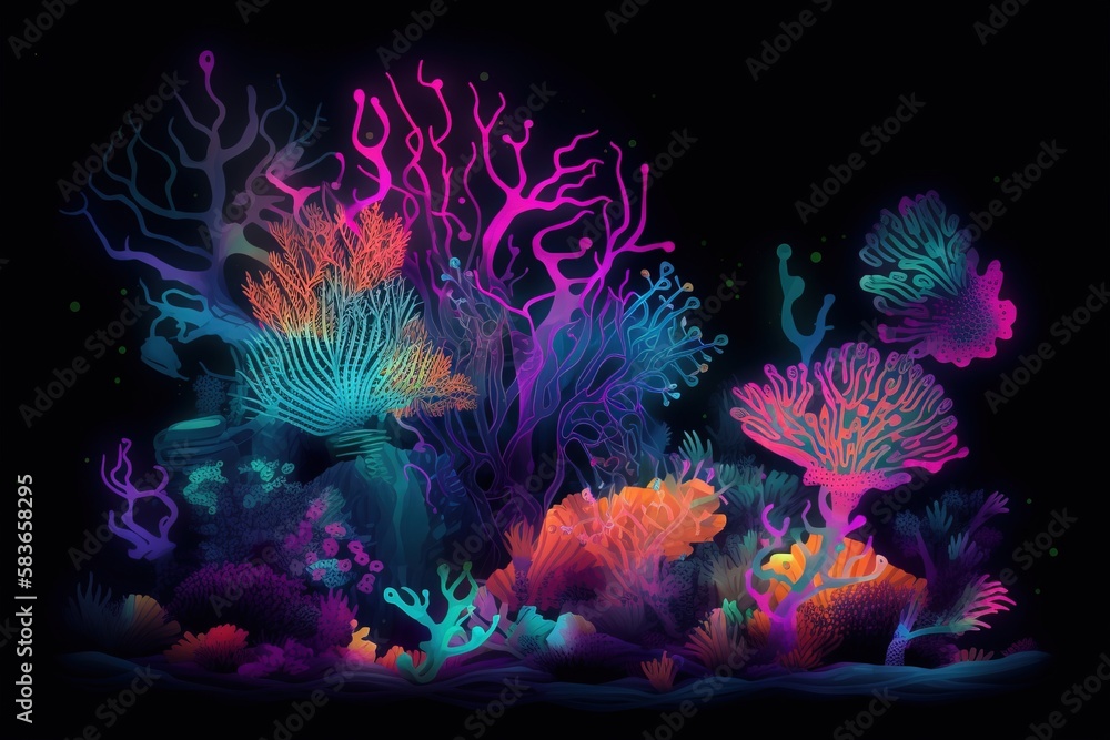 Poster an underwater scene with corals and seaweed on a black background with a neon glow in the middle of 