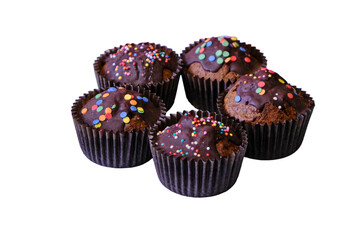 Muffins with chocolate, isolated on a white background. Cakes in a candy coating, isolated on a...