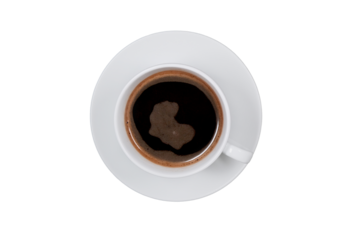 White cup with black coffee on a saucer, isolated on a white background