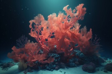 Fototapeta na wymiar an underwater scene of corals and seaweed on the bottom of the ocean floor, with a scuba diver in the background looking at the camera. generative ai