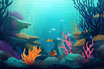 Naklejka na ściany i meble an underwater scene with corals, fish, and seaweed on a blue ocean floor with sunlight coming through the water and sunlight coming through the water. generative ai