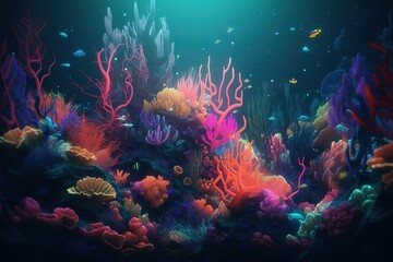 Naklejka na ściany i meble an underwater scene with corals and seaweed and a fish swimming in the water and a light shining on the corals and the water. generative ai