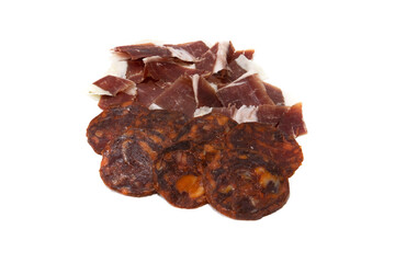 Iberian chorizo, isolated on white background. Spanish delicatessen concept.