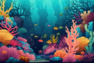 Fototapeta na wymiar an underwater scene with corals and seaweeds and a sea turtle illustration by michael strickk for the children's book, the little mermaid. generative ai