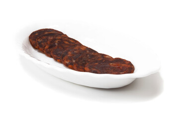 Iberian chorizo, isolated on white background. Spanish delicatessen concept.