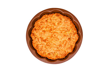Baked almonds and milk, top view, isolated on a white background. Pie from nuts in the form of for baking, isolated on a white background. Almond cake