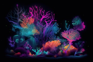 Obraz na płótnie Canvas an underwater scene with corals and seaweed on a black background with a neon glow in the middle of the image and a black background. generative ai