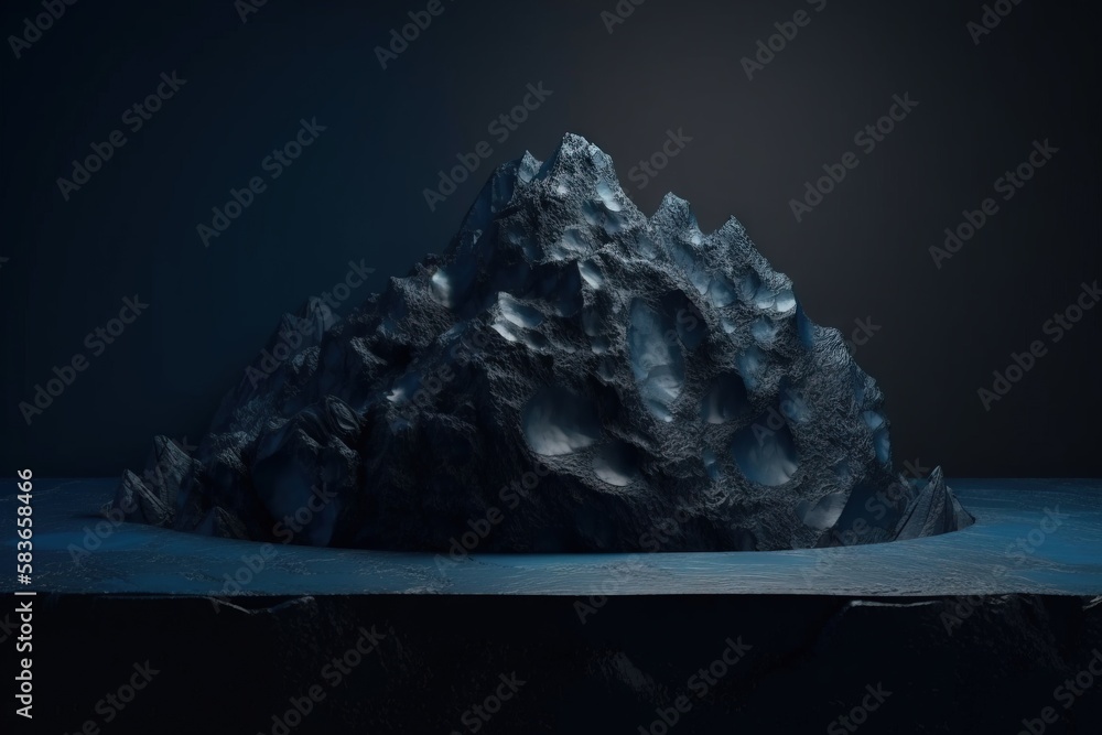 Poster a very large iceberg in the middle of a dark room with a light shining on it's side and a dark sky a