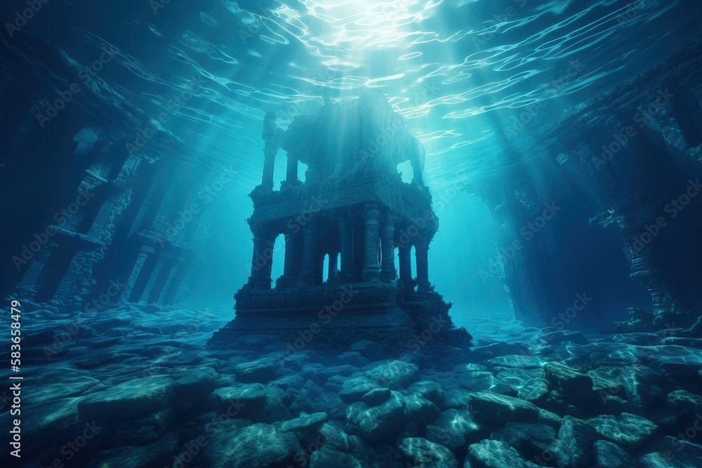 Poster an underwater view of a building in the ocean with rocks under water and sunlight coming through the