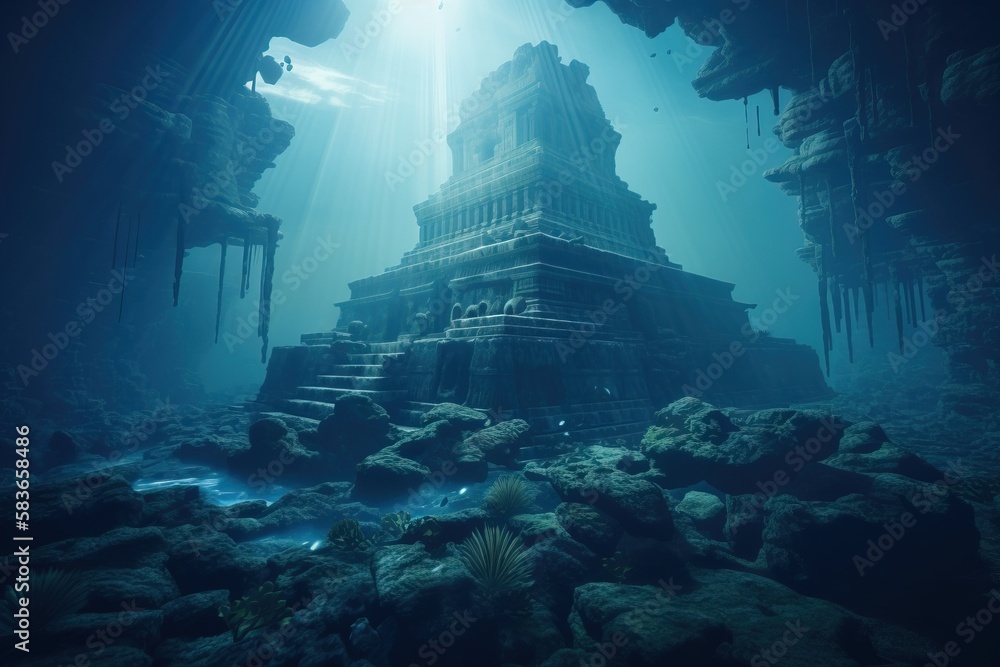 Poster an underwater temple in the middle of a cave, surrounded by rocks and illuminated by a light at the 
