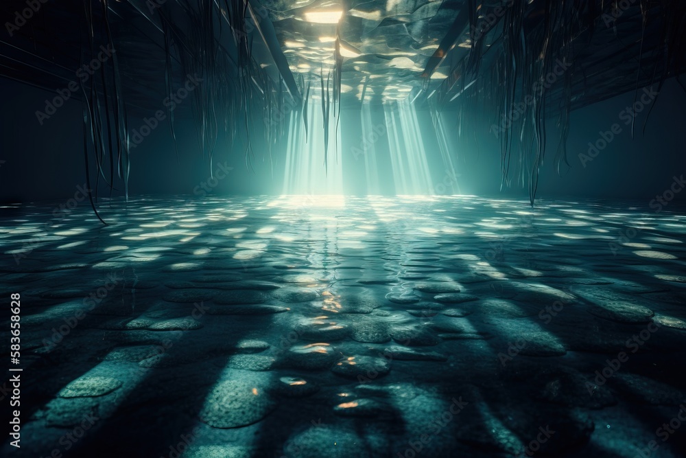 Aufkleber a dark room with light coming from the ceiling and a floor that has circles of light coming from the