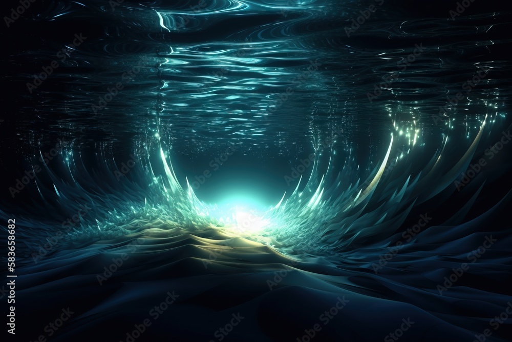 Poster a tunnel in the ocean with light coming from the end of the tunnel and a light at the end of the tun