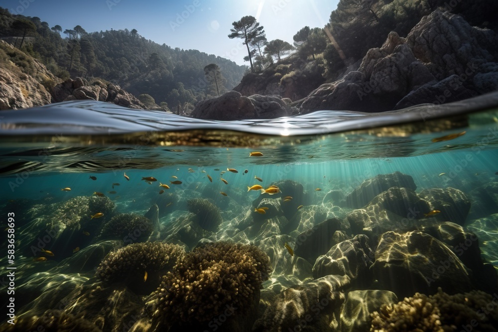 Poster a view of the ocean from the bottom of the water, with rocks and trees in the background and sunligh