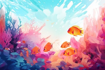 Naklejka na ściany i meble a painting of a group of fish swimming in a coral reef with corals and algaes in the water and a blue sky in the background. generative ai
