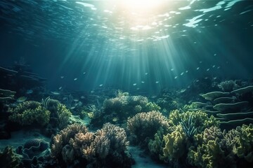 Naklejka na ściany i meble an underwater view of a coral reef with sunlight streaming through the water and corals growing on the bottom of the water, with sunlight streaming through the water. generative ai