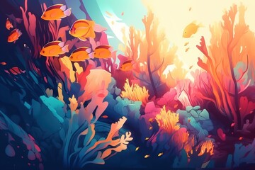 Obraz na płótnie Canvas a painting of a coral reef with fish in the water and sun shining through the corals on the water and on the water surface. generative ai