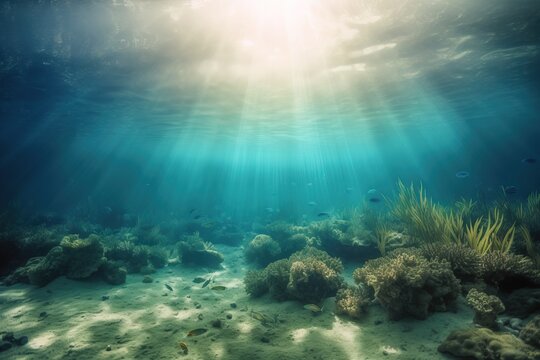  the sun shines through the water over a sandy seabed with seaweed and other marine life on the bottom of the ocean floor. generative ai © Oleg
