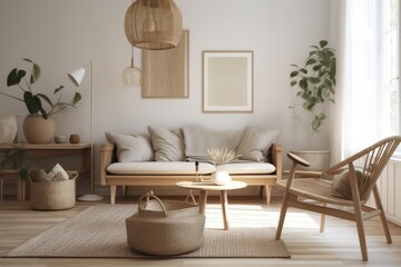 Fototapeta na wymiar Scandinavian home design, light living room with neutral wooden furnishings,. Generative AI