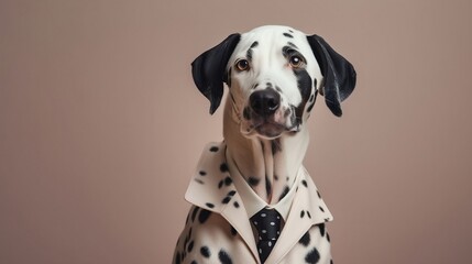 Elegant dog with dress suit, dog for a special occasion. Dog businessman in jacket, shirt, bow tie or tie and hat. Pastel colors and backgrounds. Business animals in suit jackets.
