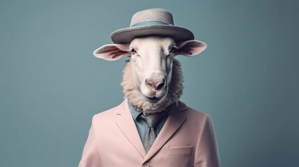 Elegant sheep with dress suit, sheep for a special occasion. Sheep businessman in jacket, shirt, bow tie or tie and hat. Pastel colors and backgrounds. Business animals in suit jackets.