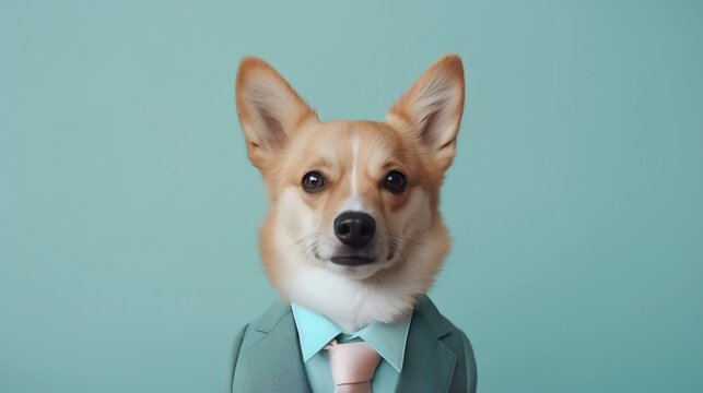Elegant dog with dress suit, dog for a special occasion. Dog businessman in jacket, shirt, bow tie or tie and hat. Pastel colors and backgrounds. Business animals in suit jackets.
